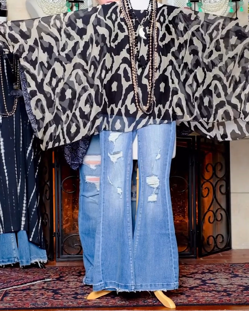 Batwing Sleeve Printed Blouse Long Sleeves