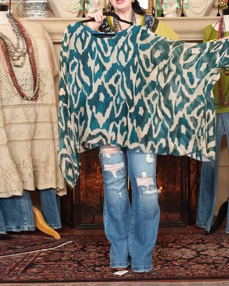 Batwing Sleeve Printed Blouse Long Sleeves