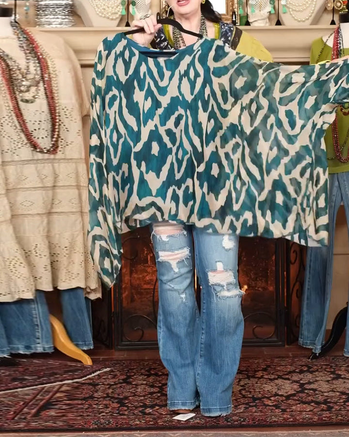 Batwing Sleeve Printed Blouse Long Sleeves