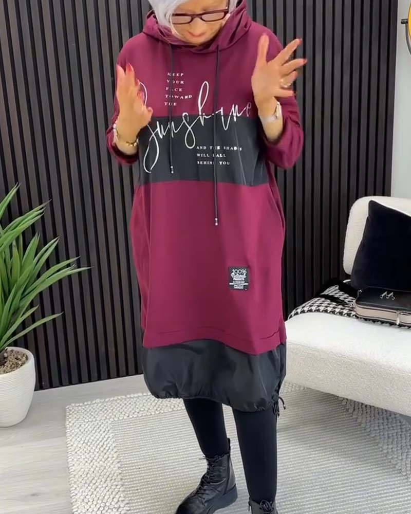 Casual Hooded Dress with Color Block Letter Print and Pocket