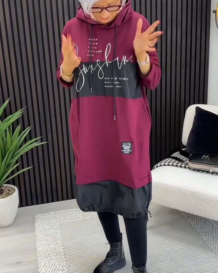 Casual Hooded Dress with Color Block Letter Print and Pocket