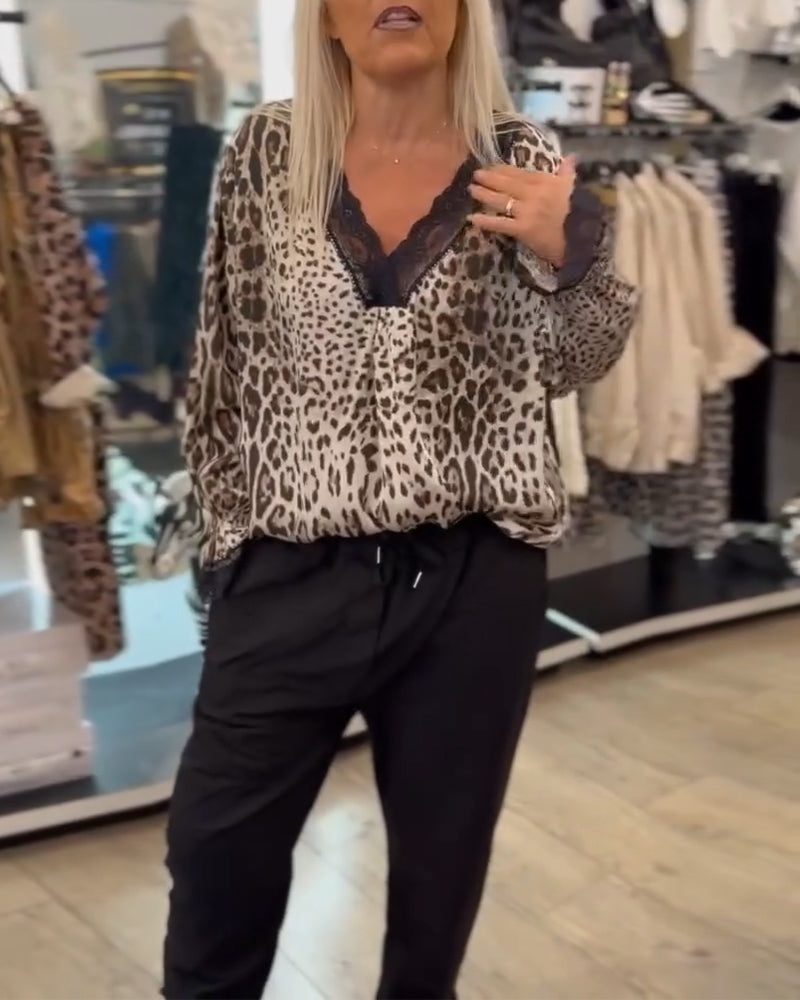 Leopard Print Blouse with V-Neck and Lace Patchwork