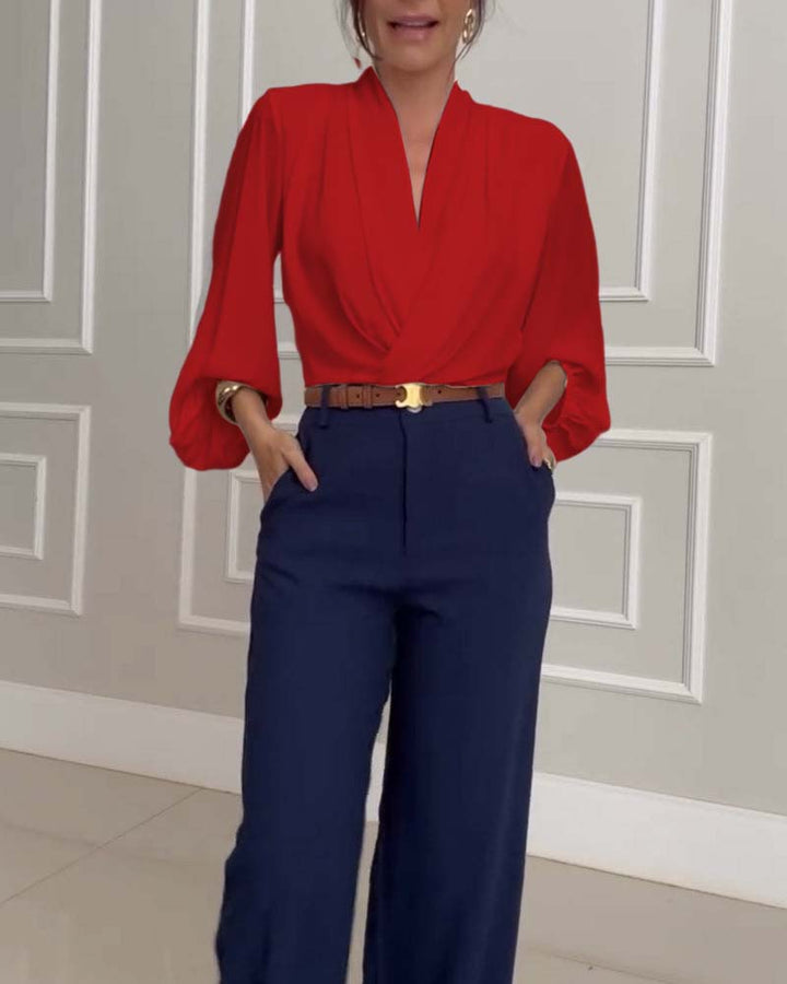 Trendy Lantern Sleeve Blouse with Solid Color V-Neck