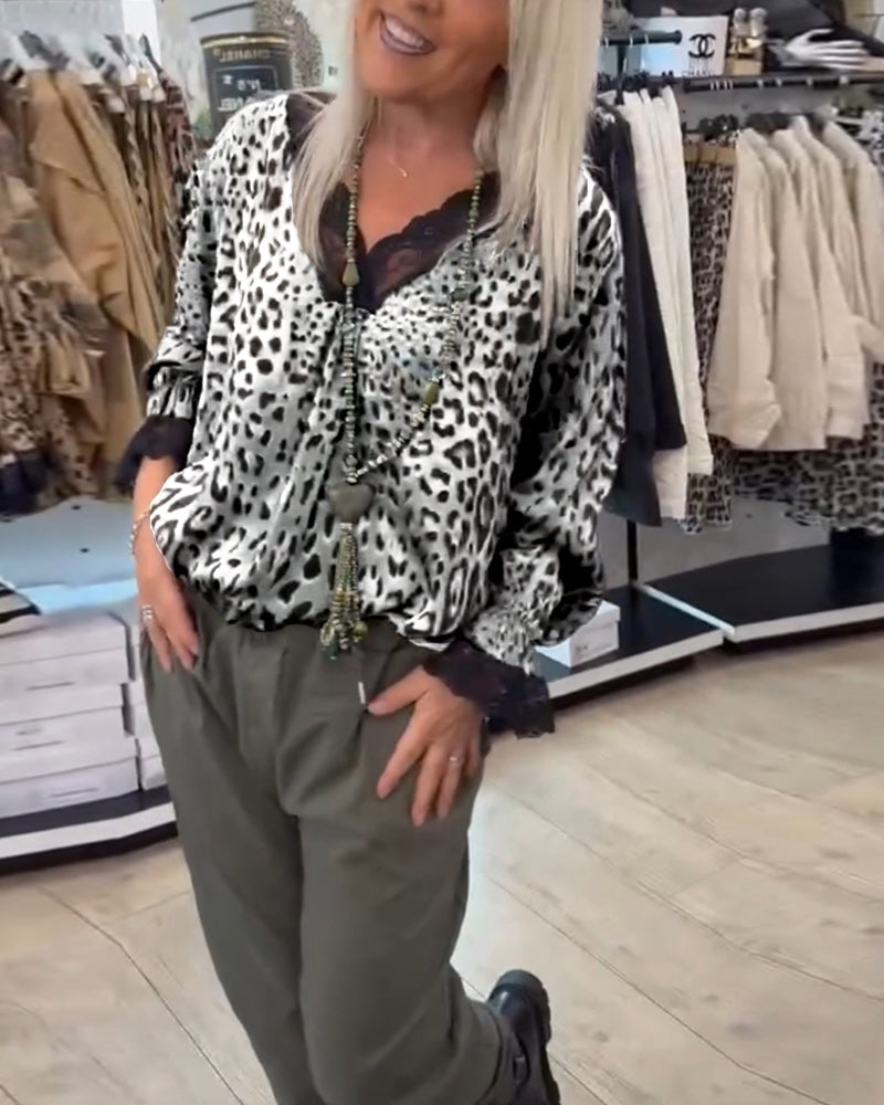 Leopard Print Blouse with V-Neck and Lace Patchwork