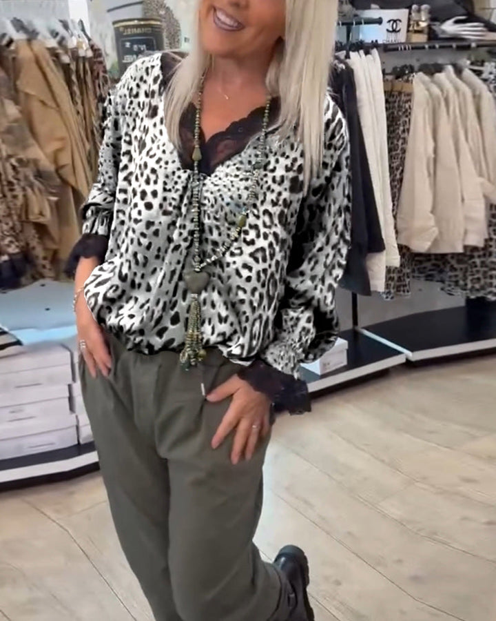 Leopard Print Blouse with V-Neck and Lace Patchwork