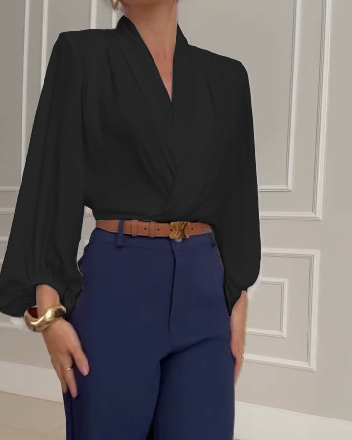 Trendy Lantern Sleeve Blouse with Solid Color V-Neck