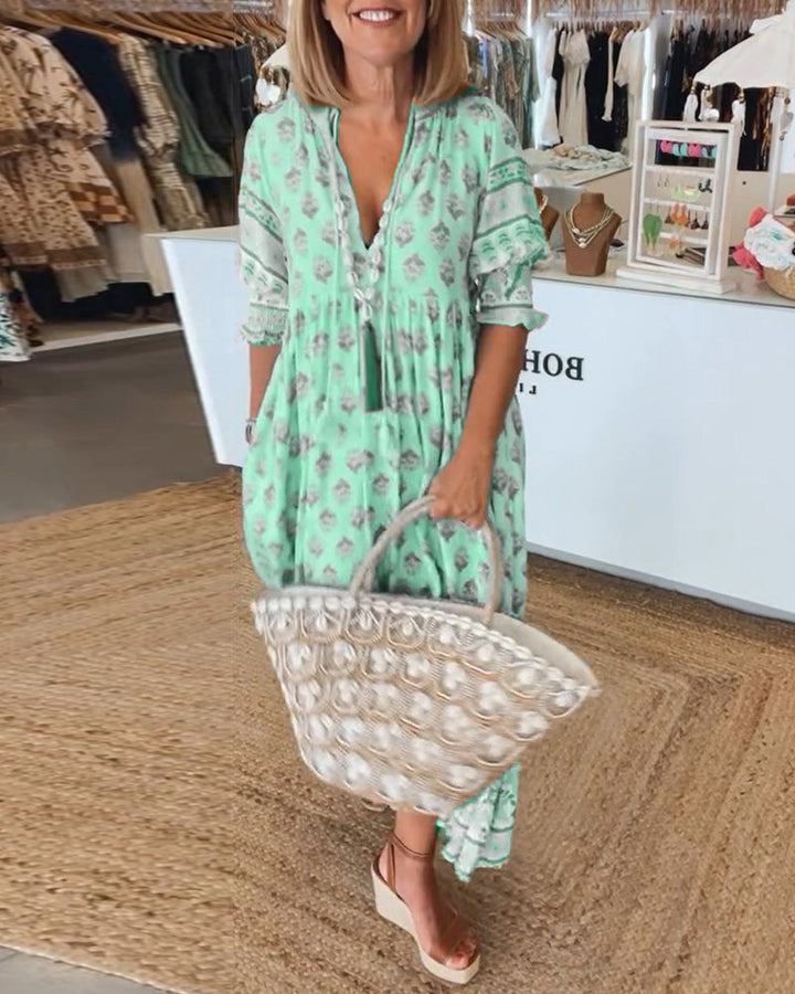 Casual Printed V-Neck Dress with Half Sleeves
