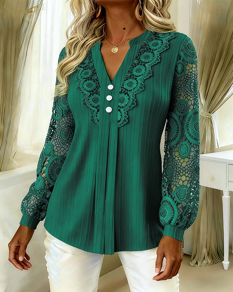 Lace Blouse Panel Long Sleeve V-Neck