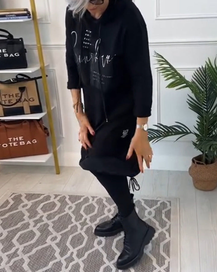 Casual Hooded Dress with Color Block Letter Print and Pocket