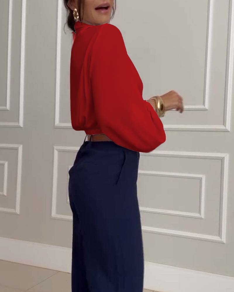 Trendy Lantern Sleeve Blouse with Solid Color V-Neck