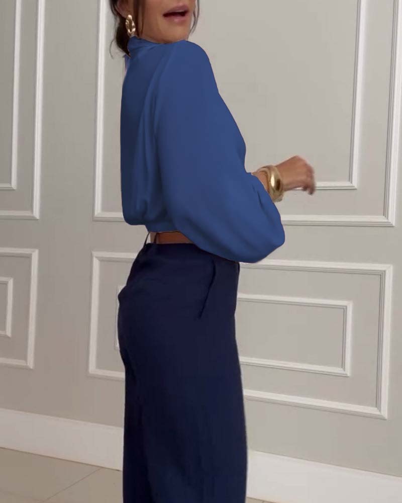 Trendy Lantern Sleeve Blouse with Solid Color V-Neck