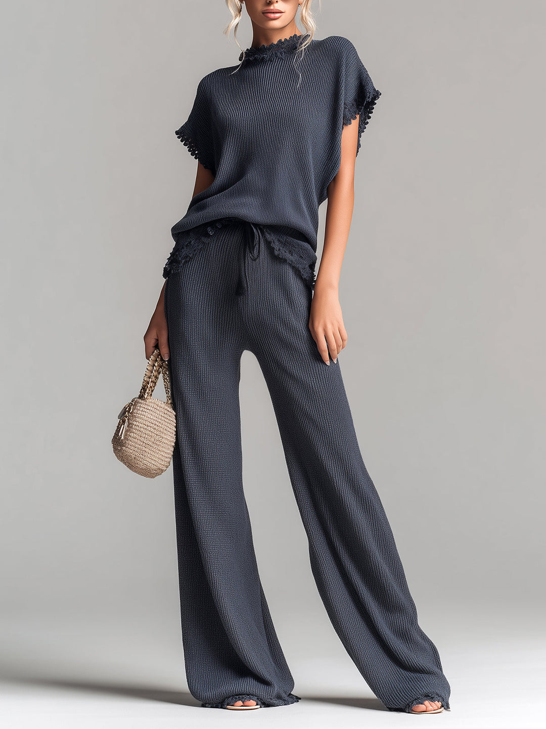 Hazel Chic Elegant Dark Gray Round Neck Short-Sleeve Loose-Fit Sweater Wide-Leg Pants Lace Details Ribbed Knit Two-Piece Set