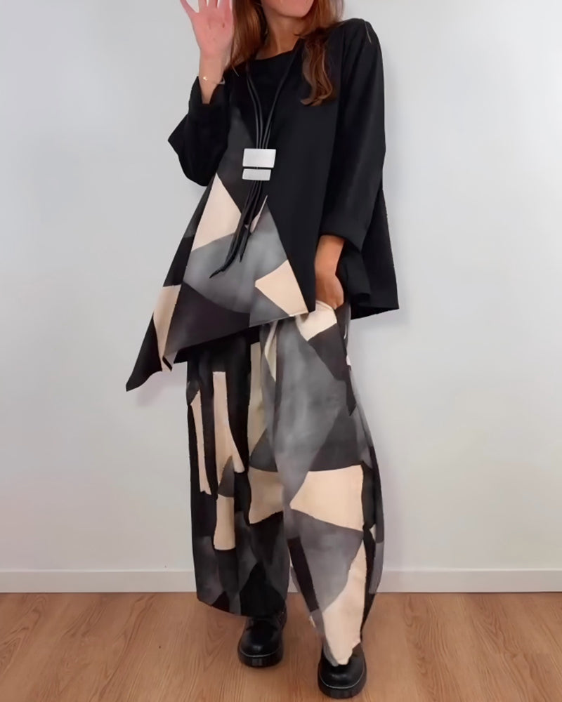 Casual Geometric Printed Two-Piece Set Wide Pants
