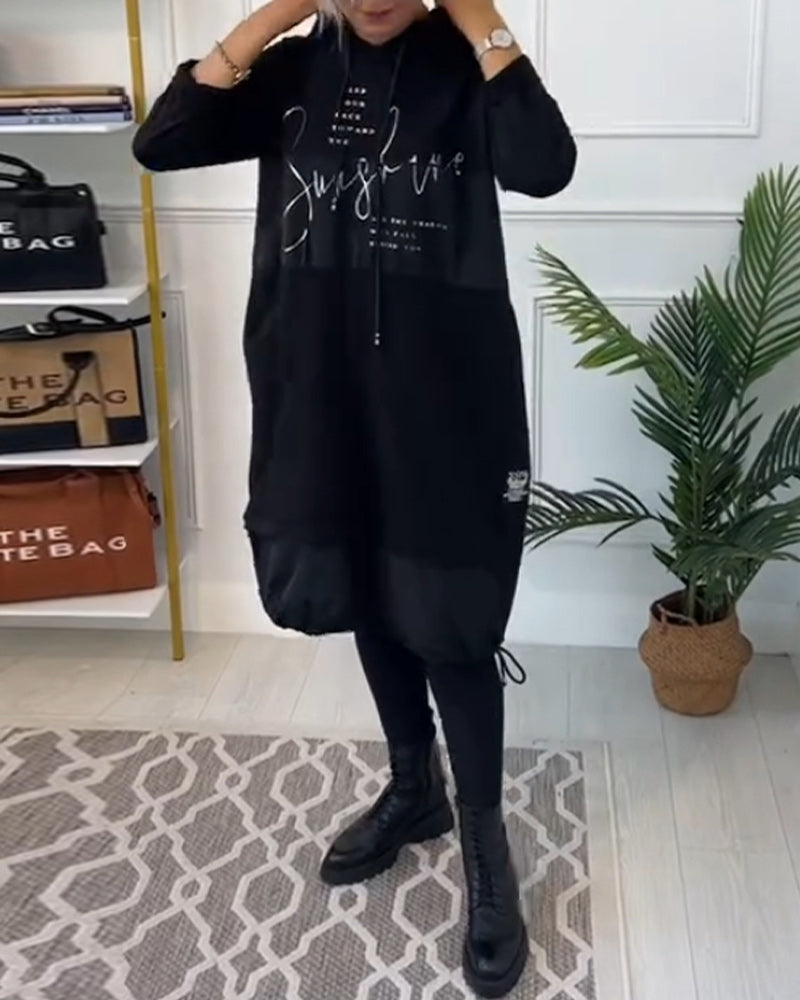 Casual Hooded Dress with Color Block Letter Print and Pocket