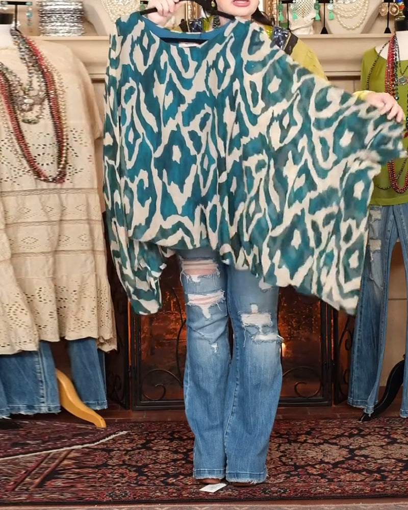 Batwing Sleeve Printed Blouse Long Sleeves