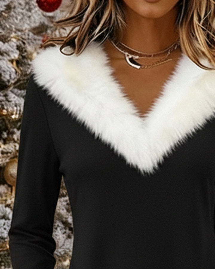 V-Neck Dress with Fluffy Contrast