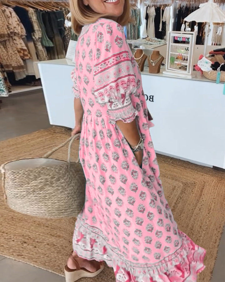 Casual Printed V-Neck Dress with Half Sleeves