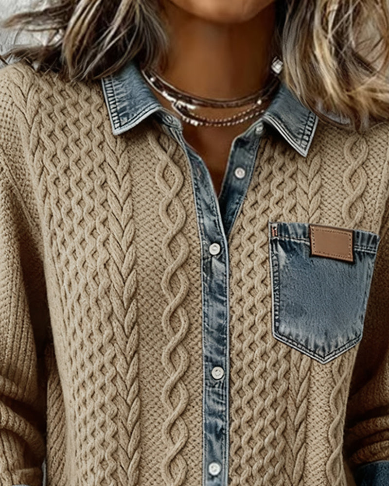 Long Sleeve Patchwork Denim Shirt