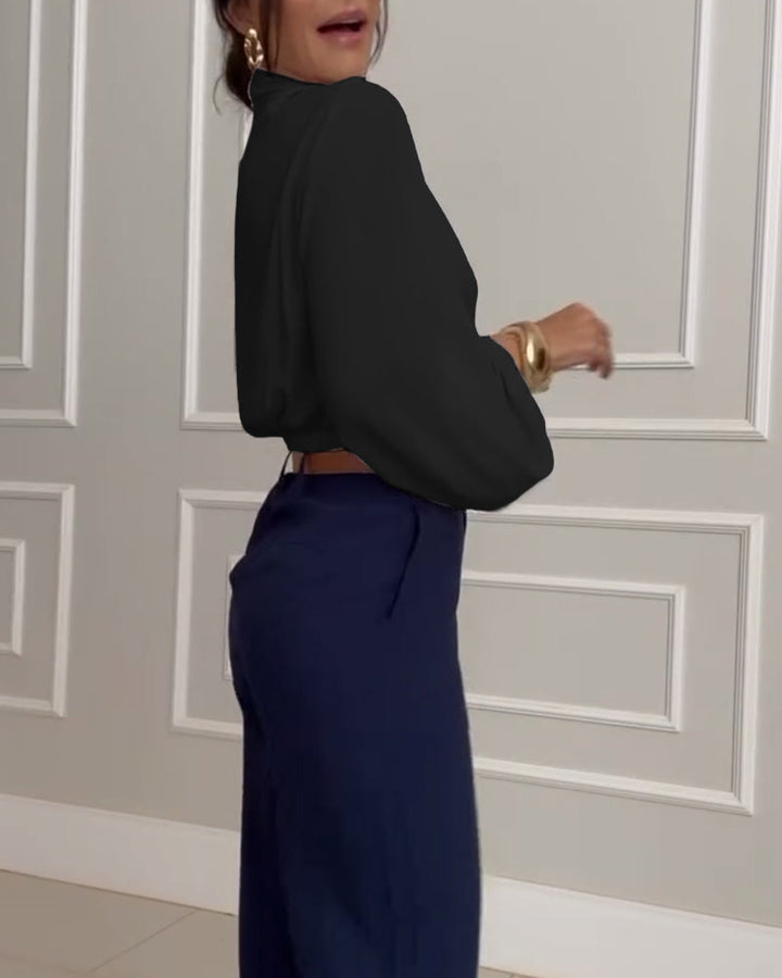Trendy Lantern Sleeve Blouse with Solid Color V-Neck