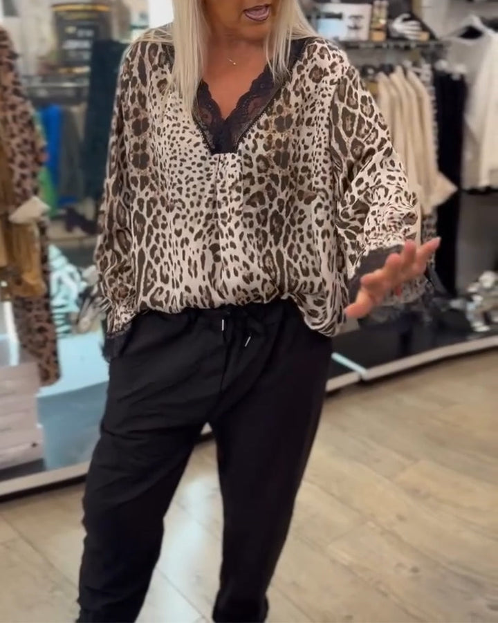 Leopard Print Blouse with V-Neck and Lace Patchwork