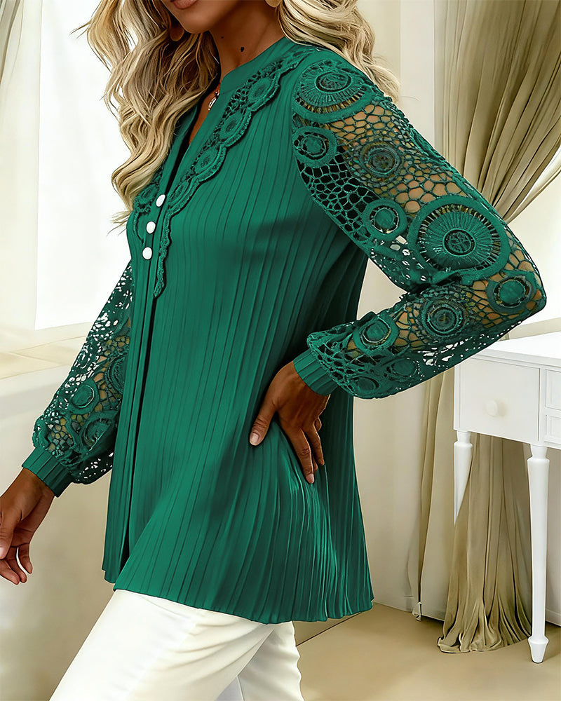Lace Blouse Panel Long Sleeves V-Neck