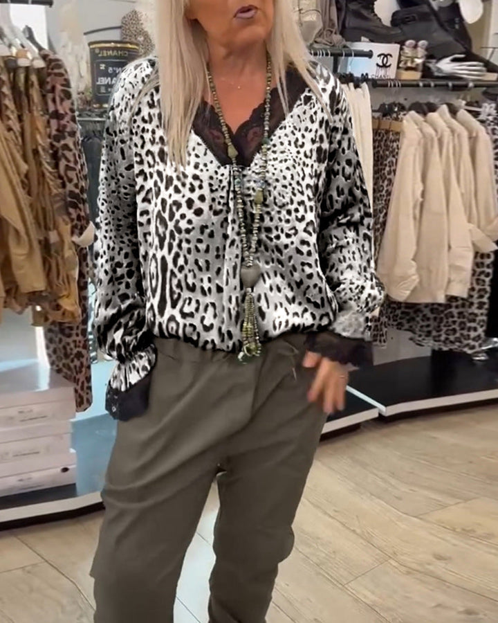 Leopard Print Blouse with V-Neck and Lace Patchwork