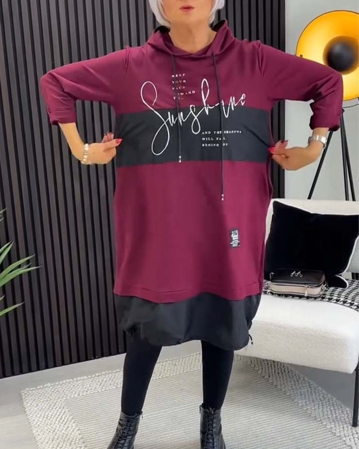 Casual Hooded Dress with Color Block Letter Print and Pocket