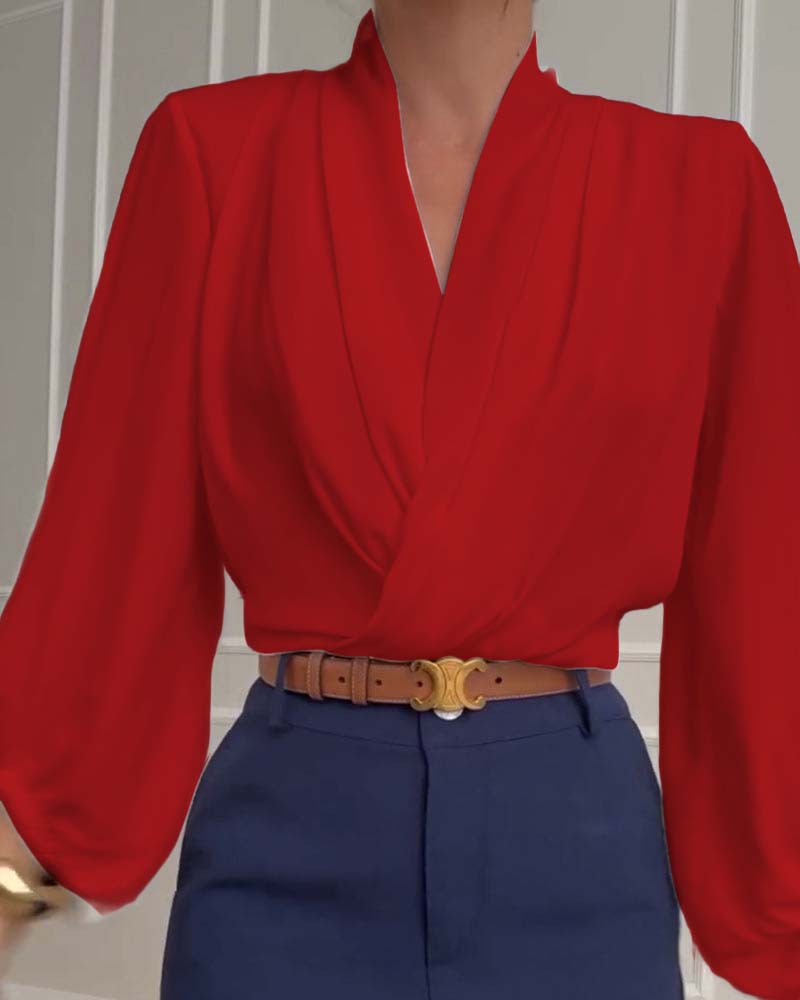 Trendy Lantern Sleeve Blouse with Solid V-Neck