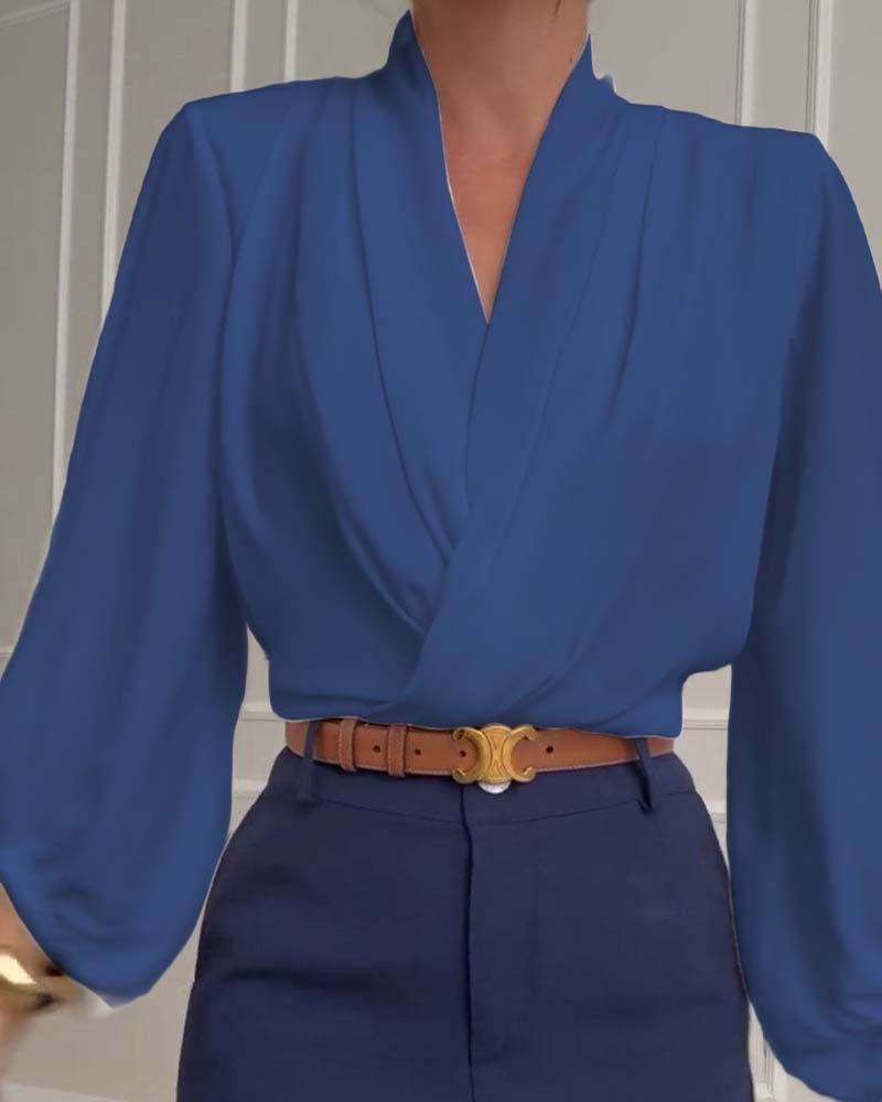 Trendy Lantern Sleeve Blouse with Solid Color V-Neck