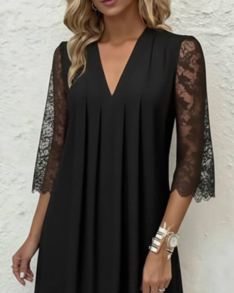 Dress with Lace Detail V-Neck and Pleated Design Elegant Atmosphere