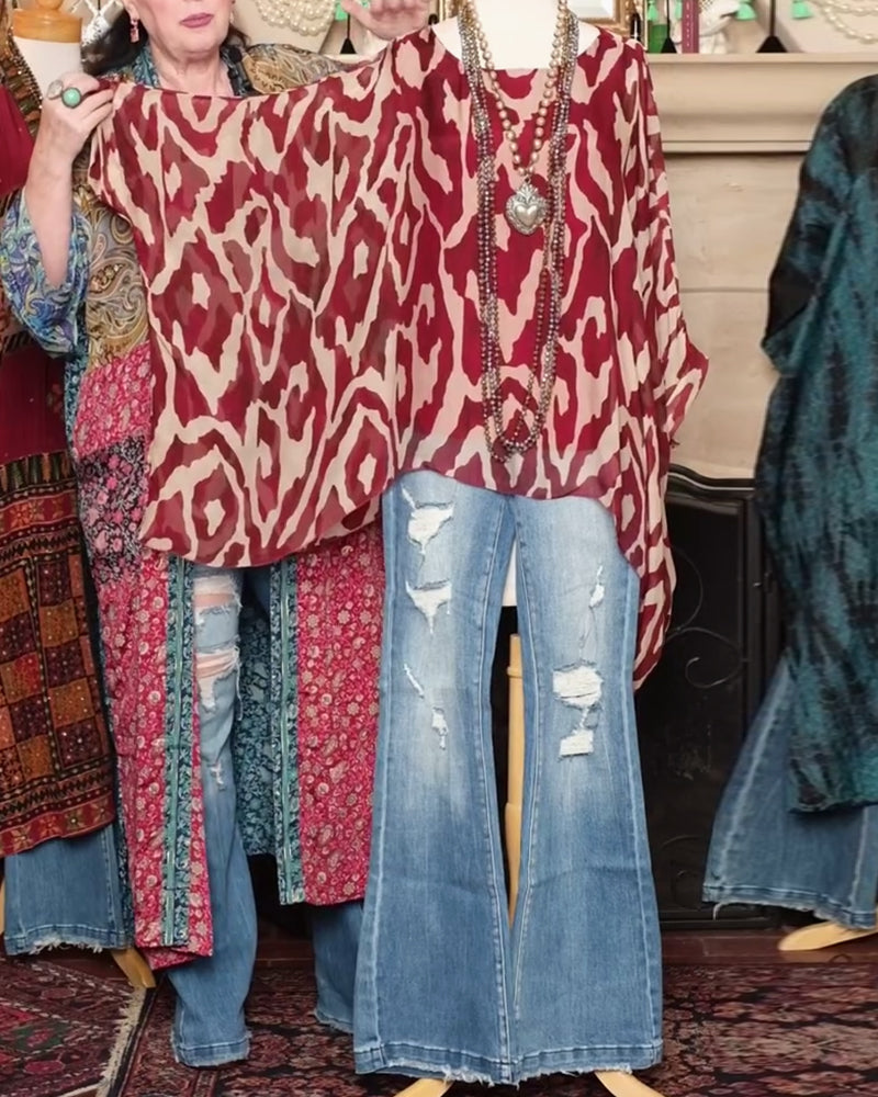 Batwing Sleeve Printed Blouse Long Sleeves