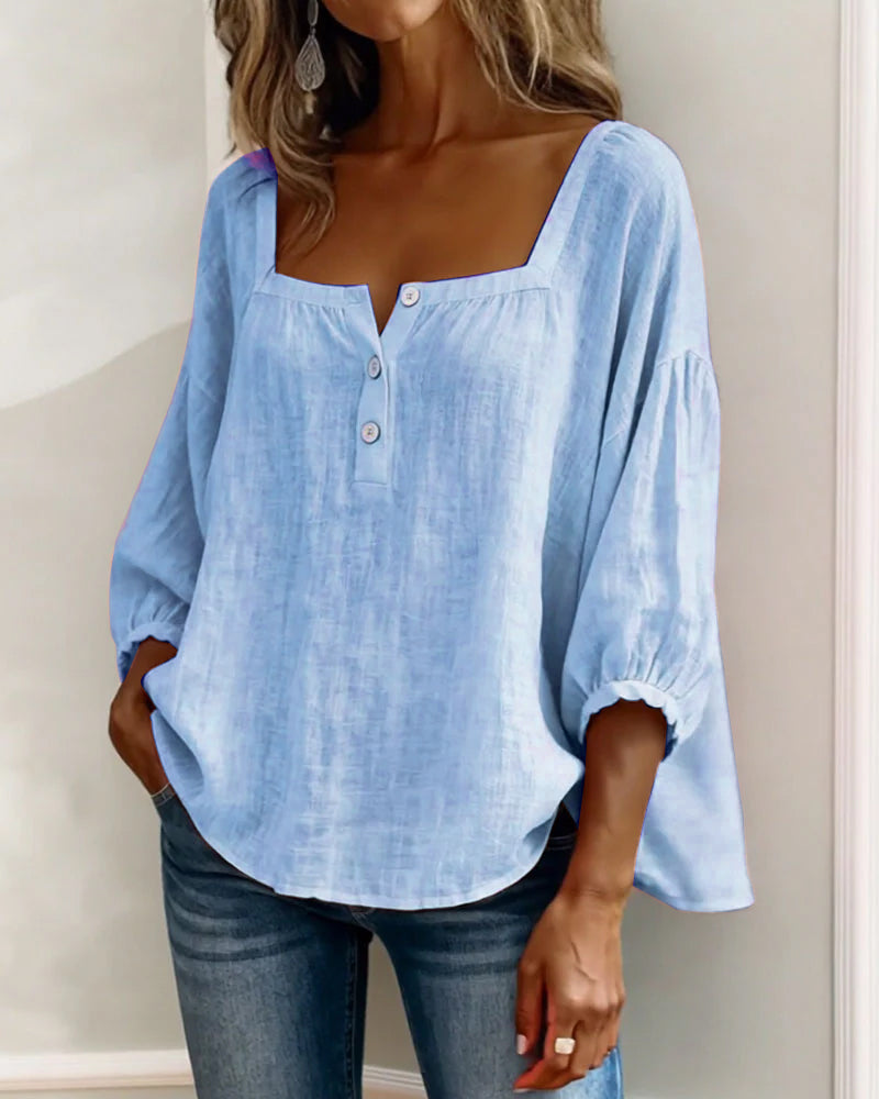 Simple Square Collar Long Sleeve Shirt