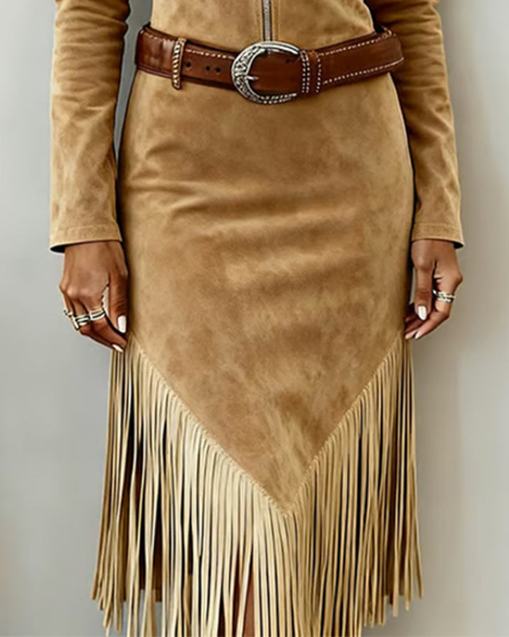 Solid Dress with Half Zipper and Fringes