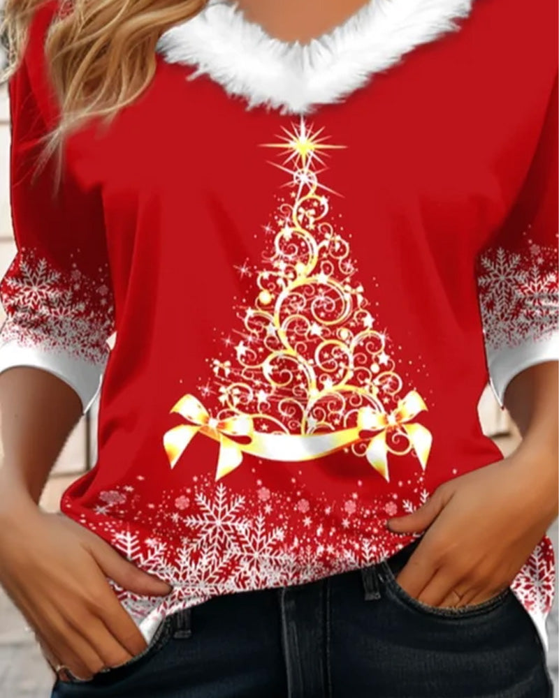 Fuzzy Top with V-Neck and Christmas Tree Print