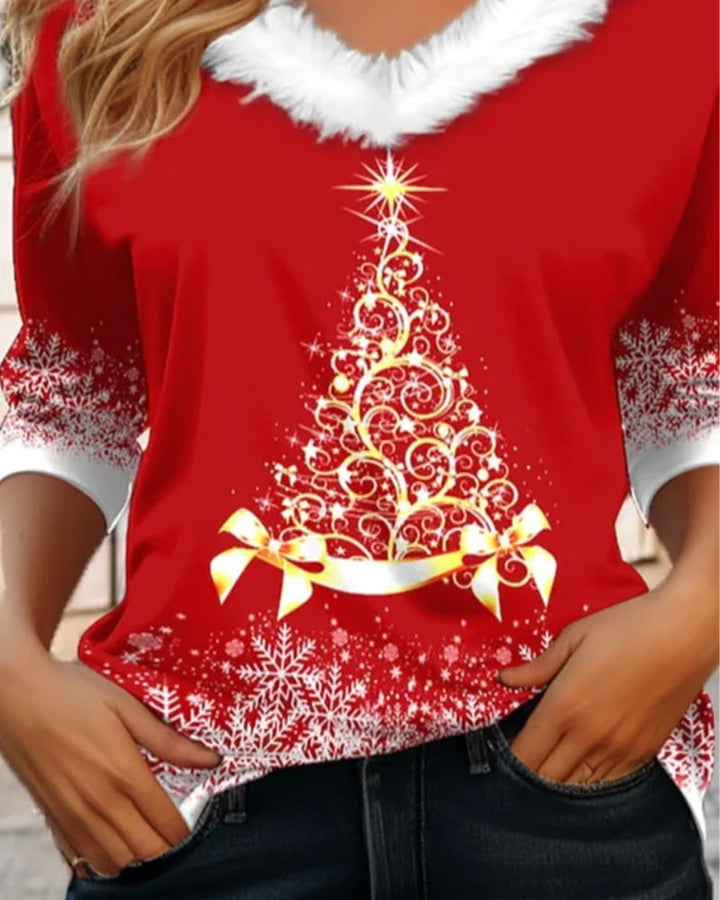 Fuzzy Top with V-Neck and Christmas Tree Print