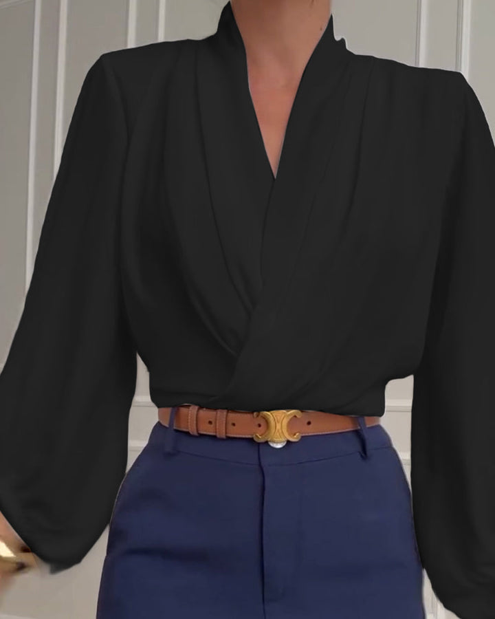 Trendy Lantern Sleeve Blouse with Solid Color V-Neck
