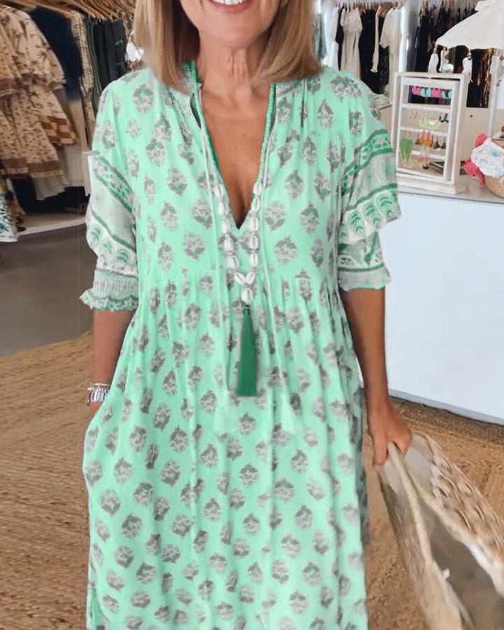 Casual Printed V-Neck Dress with Half Sleeves