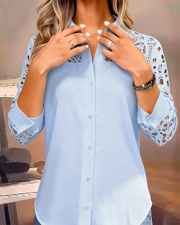 Solid Color Blouse with Lace Patchwork