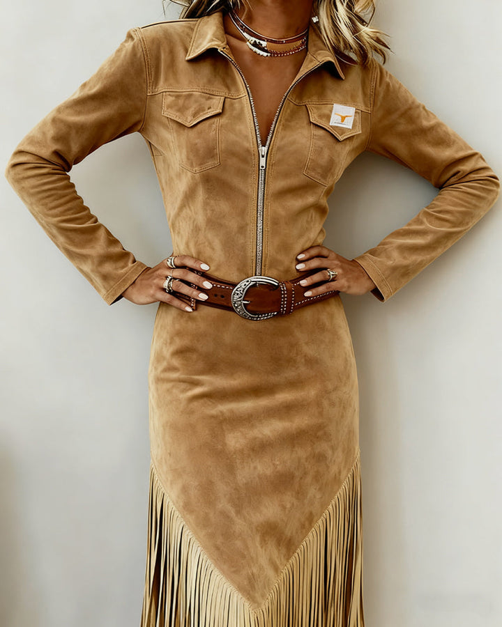 Solid Dress with Half Zipper and Fringes