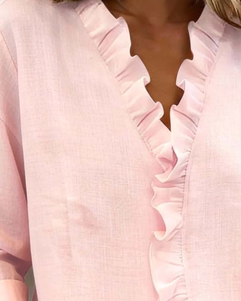 Ruffled Blouse V-Neck Long Sleeves