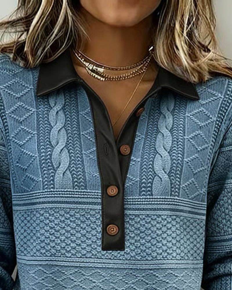 Buttoned Collar Sweatshirt with Patchwork Details