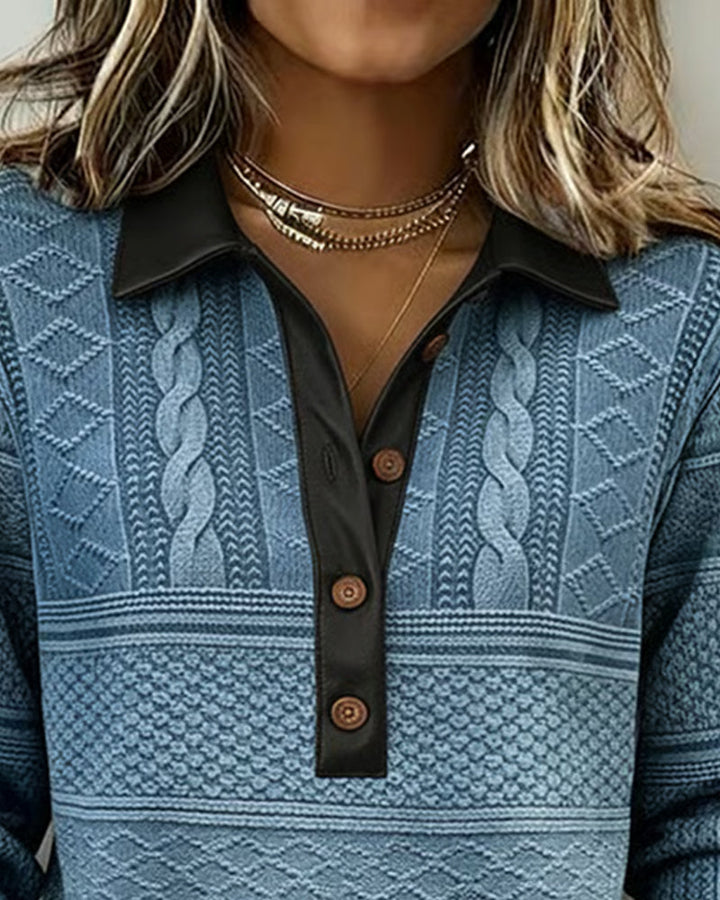 Buttoned Collar Sweatshirt with Patchwork Details