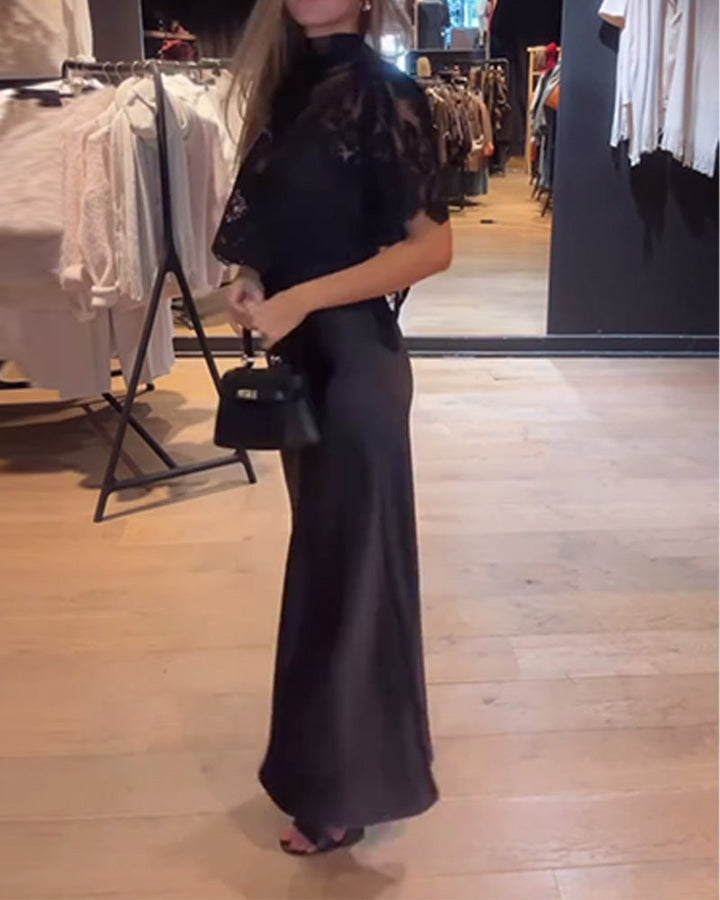 Lace and Mesh Blouse Set with Draped Nightgown