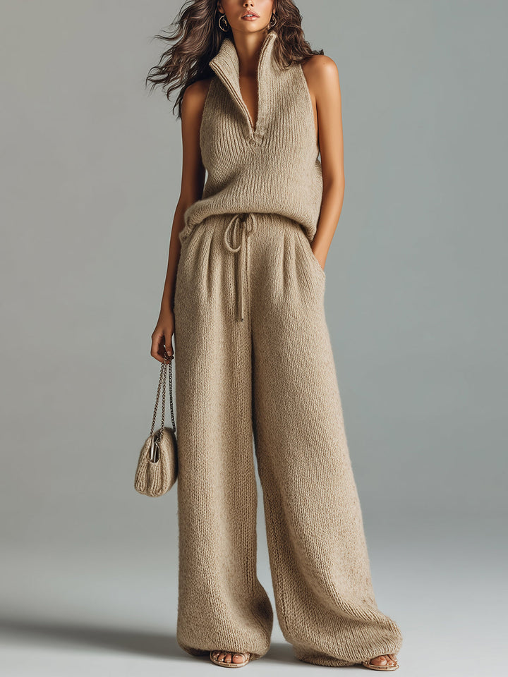 Aurora Chic Elegant Camel Stand Collar V-Neck Sleeveless Sweater Wide-Leg Pants Ribbed Knit Two-Piece Set