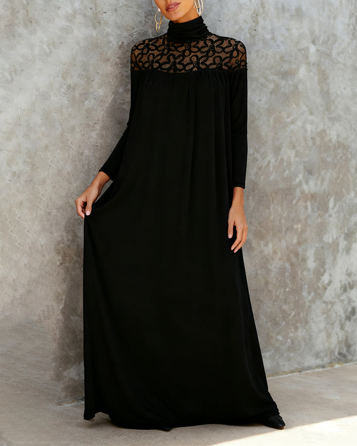 Elegant High Neck Mesh Patchwork Dress