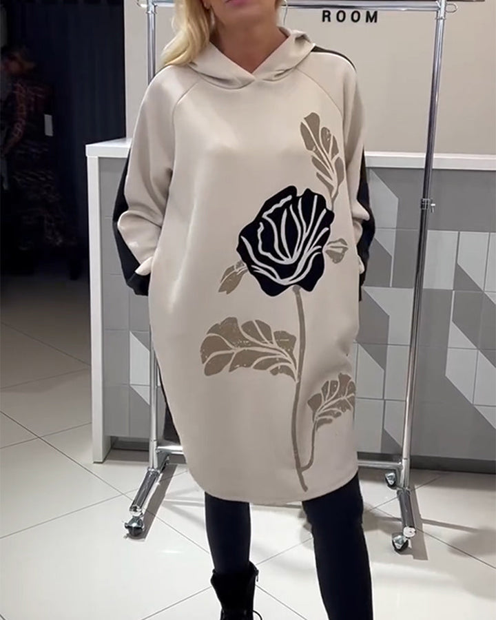 Color-Block Floral Print Hoodie Dress