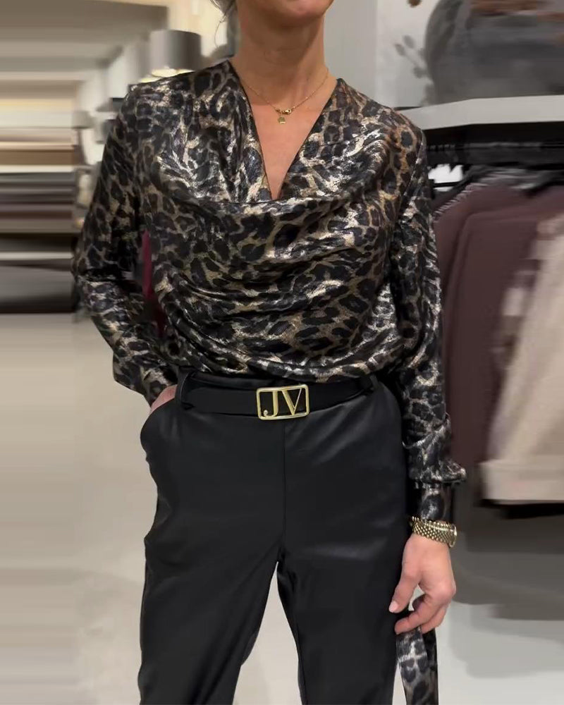 Elegant Leopard Print Blouse with Draped Collar