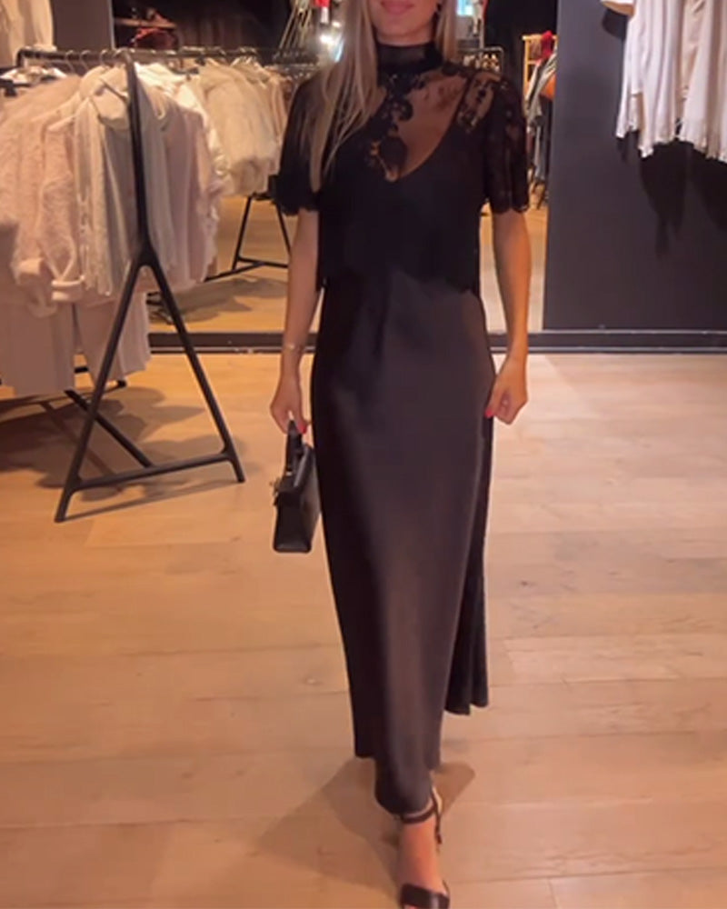 Lace and Mesh Blouse Set with Draped Nightgown