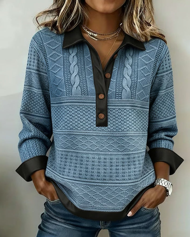 Buttoned Collar Sweatshirt with Patchwork Details