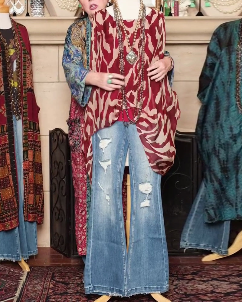 Batwing Sleeve Printed Blouse Long Sleeves